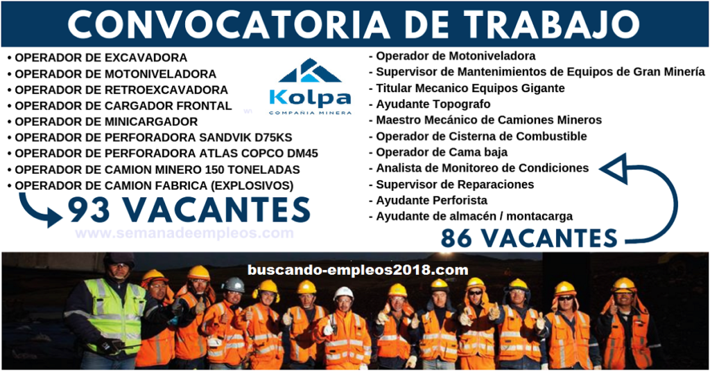 Urgente Vacantes para trabajar en Compañía Minera Kolpa S.A.